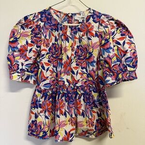 Peter Som Floral Puff-Sleeve Peplum Top - Blue, Pink, Orange